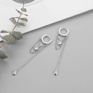 S925 sterling silver chain tassel hoop earrings with sparkling zircon drop pendants
