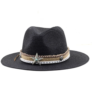 Black Bohemian straw sun hat with layered rivet band and turquoise star metal buckle