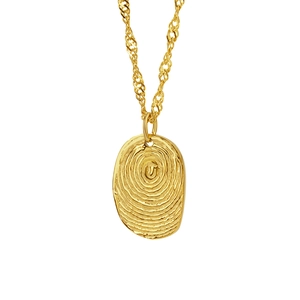Creative gold fingerprint pendant necklace with twisted rope chain on white background