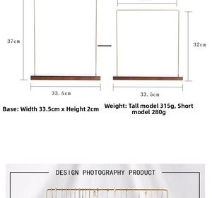 Detailed size chart for tiered gold metal jewelry display stands with walnut wood bases