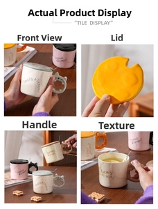 Detail of cute cat ceramic mug with cat-ear handle, wooden lid, and stainless steel spoon