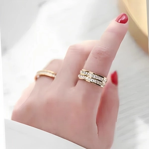 18K gold plated zircon ring set featuring rectangular stones in a minimalist style