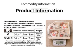 Detailed specs of 12pcs wooden Christmas ornaments including angel and elk shapes in box