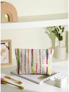 Trousse à cosmétiques tissée minimaliste avec rayures colorées et étiquette H&R BAG