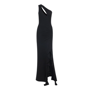 Robe longue noire asymétrique avec fente latérale et détails à volants pour printemps 2025