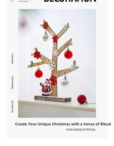 Detail of wooden Christmas tree stand with red ornaments and Santa Claus figurine