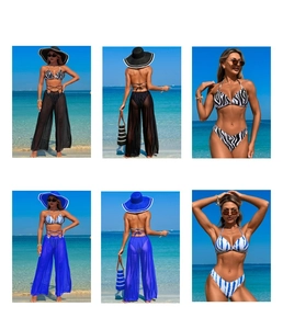 Three-piece bikini set with zebra print and tie-dye patterns and matching beach trousers