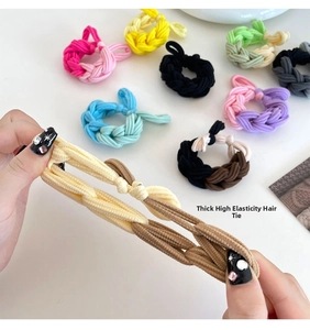 Close-up of thickened colorful braided hair ties showing high elasticity and stretch
