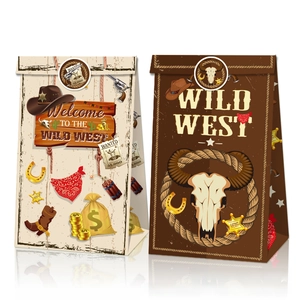 Détail de sacs cadeaux thème Cowboy avec étoiles de shérif et motifs de chapeaux classiques
