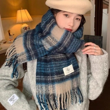 Blue and beige plaid scarf with tassels on a child wearing a beige beret and grey coat