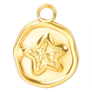 Detailed close-up of a 18k gold plated stainless steel starfish pendant on white background