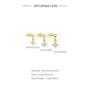 Detailed chart showing S925 sterling silver marquise zircon studs in three different sizes