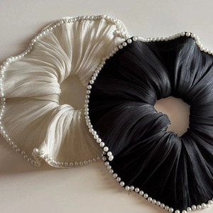 Elegant pleated silk hair scrunchies with pearl trim in black and beige colors