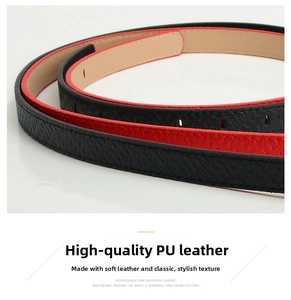 Close-up of premium PU leather belt with classic lychee pattern and red edge detail