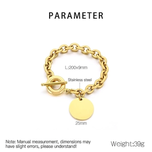 Detailed dimensions of gold stainless steel OT buckle bracelet with a round 25mm pendant