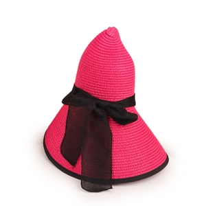 Detail of fuchsia woven sun hat with large black mesh bow and stylish wide brim