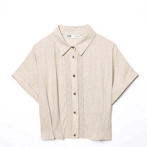 Slim fit linen shirt dress with short sleeves and waist belt in light beige tone