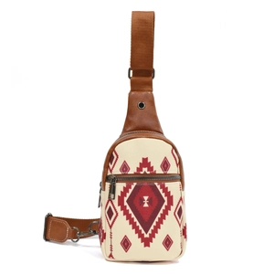 Detailed view of bohemian canvas crossbody bag with red geometric patterns and leather trim