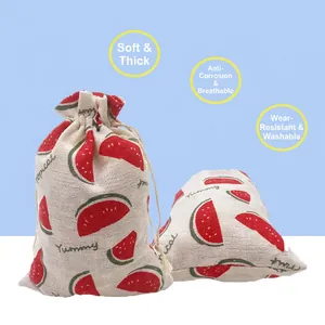 Floral cotton drawstring pouch with watermelon print, durable and breathable material