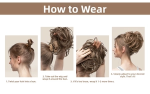 Four-step tutorial showing how to apply a light brown messy bun hairpiece for added volume