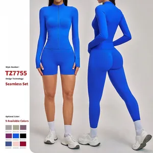 Damen Nahtloses Yoga-Set mit Stehkragen und Reißverschluss Langarm Top And Bottom Hohe Taille Sport Laufen Fitnessstudio Outfit
