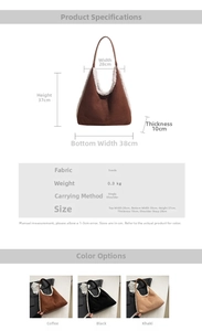 Detailed size chart and dimensions for the suede tote bag with faux fur trim details