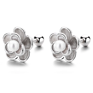 925 silver camellia flower stud earrings with white pearls and screw back closures