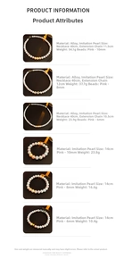 Detailed size specifications for 6mm to 10mm pink faux pearl necklaces and bracelets