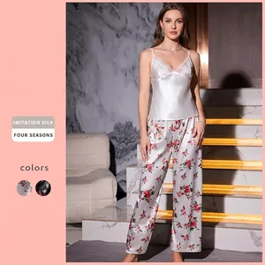 Pyjama Femme Caraco Et Pantalon Imitation Satin Bordure Dentelle Col En V Imprimé Floral Vêtements De Détente