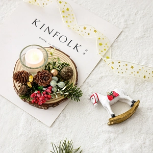 Christmas candle holder set with pinecones berries and wooden horse decoration