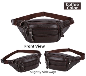 Coffee genuine leather waist bag featuring a multi-zipper structure and nylon strap