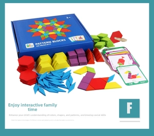 Detailed set of 155 colorful wooden pattern blocks with educational shape guide cards