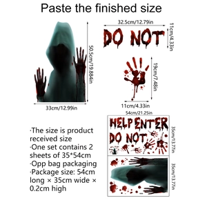 Detailed dimensions of Halloween blood handprint stickers with 35x54cm sheet size