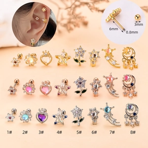 Boucles D'oreilles Piercing Cartilage Tige Acier Inoxydable Cuivre Zircon Étoile Fleur Cœur Lune Bijoux Élégants Pour Femmes
