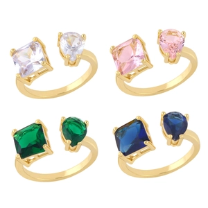 Adjustable Open Ring Geometric Copper Zircon Square Pear Cut Gemstone Fashion Minimalist Jewelry For Women