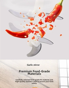 Detail of three-layer stainless steel blades for manual garlic and vegetable chopper