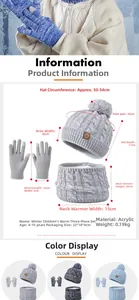 Detailed size chart for kids' winter beanie hat, neck warmer, and gloves three-piece set