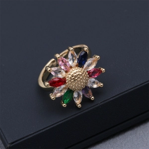 Micro-view of gold sunflower open ring with colorful zircon petals and adjustable band