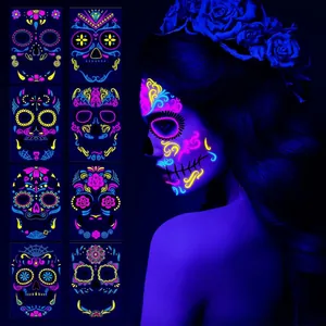Halloween Fluorescent Face Tattoo Stickers UV Reactive Sugar Skull Waterproof Party Makeup Decals For Women Men