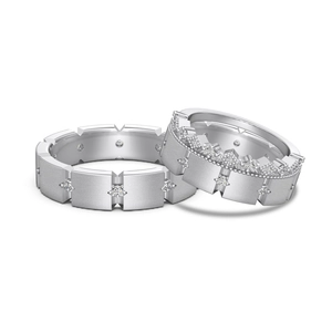 S925 sterling silver couple rings with pavé cubic zirconia in a minimalist design