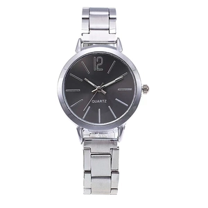 Elegant silver quartz watch with a black dial and minimalist metal link strap for women