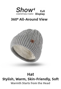 Close-up of grey cable-knit beanie featuring a thick faux fleece lining and snowflake leather patch