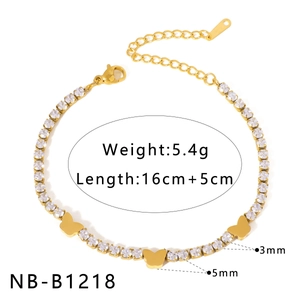 Close-up of gold stainless steel butterfly bracelet with cubic zirconia and dimensions
