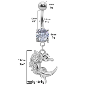 Piercing de nombril en argent avec pendentif rose et lune et pierre de zircon clair
