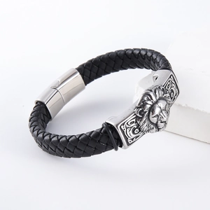 Men's punk braided leather bracelet with silver lion head emblem and magnetic clasp