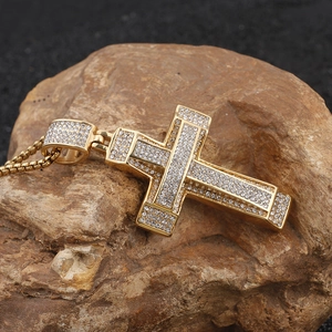 Hip hop gold titanium steel cross pendant necklace with clear crystals on natural stone