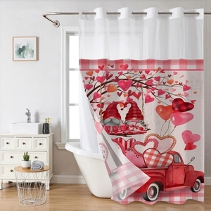 Detail of Valentine's gnome and vintage truck print on waffle shower curtain