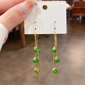 Elegant gold-tone long fringe drop earrings with green square beads for women