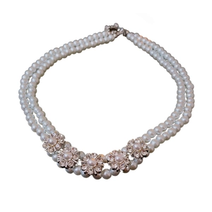Elegant double-layer pearl necklace with sparkling diamond-encrusted flower accents