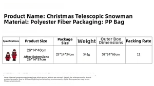 Size chart for telescopic Christmas snowman plush showing height range 40cm to 57cm